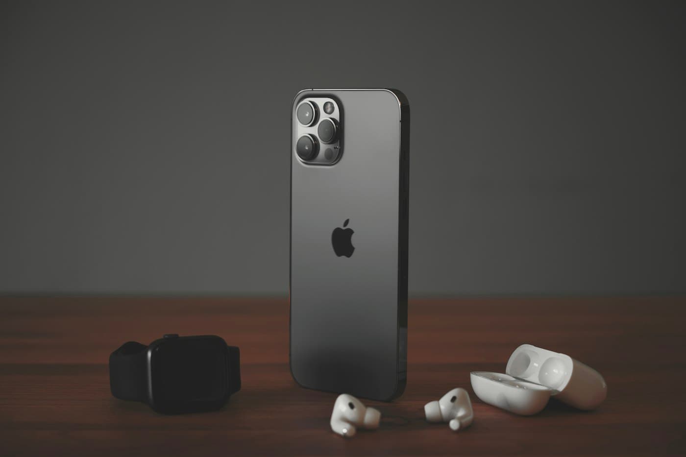 Smartphone with earbuds and a smartwatch